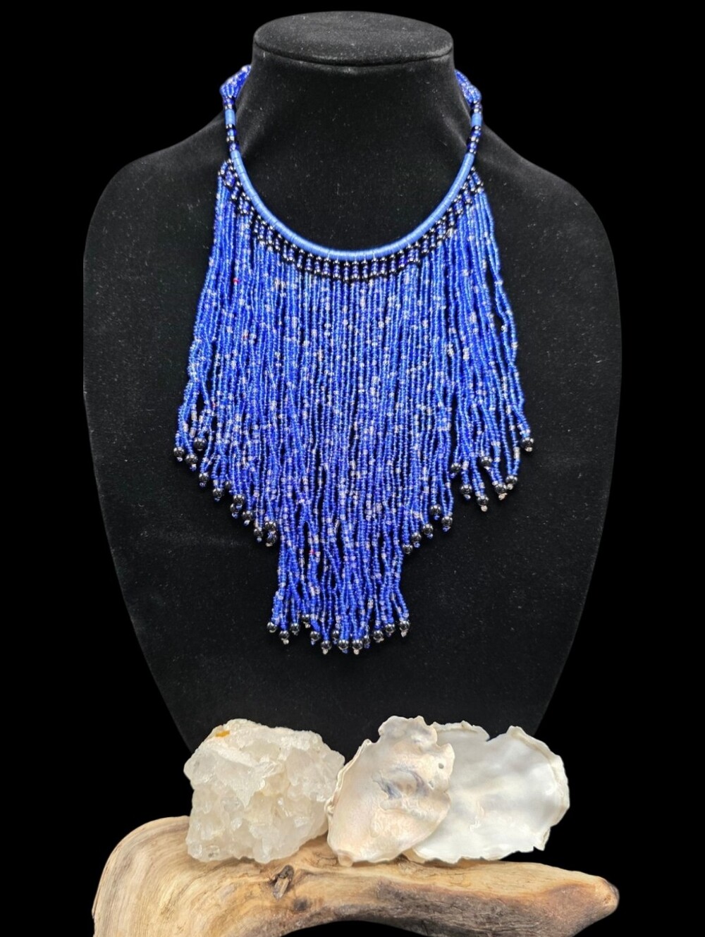 Vintage Cobalt Blue Glass Seed Bead Waterfall Fringe Statement Necklace